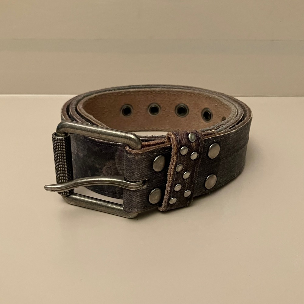 Ed Hardy Mens Genuine Leather Skull Studded Grommet Belt EH1309 Gray Medium